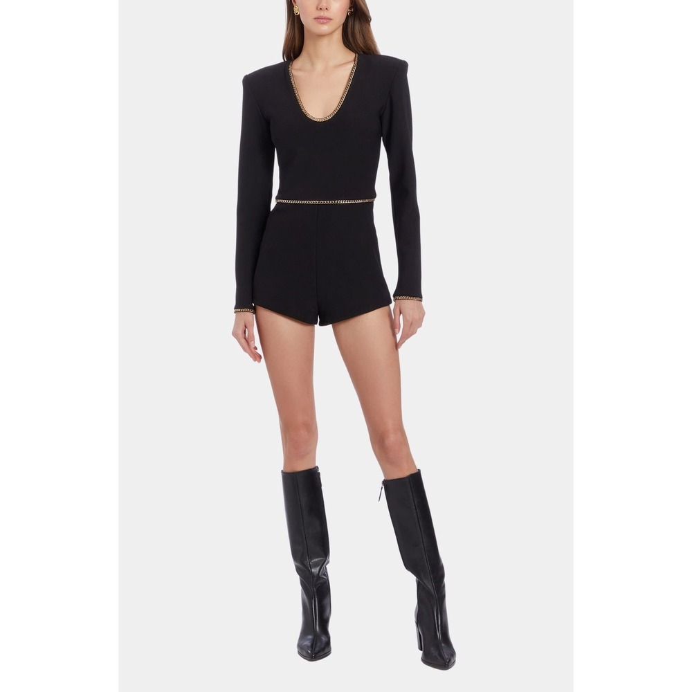 NWT Amanda Uprichard Boheme Long Sleeve Romper in Black Gold Chain XS